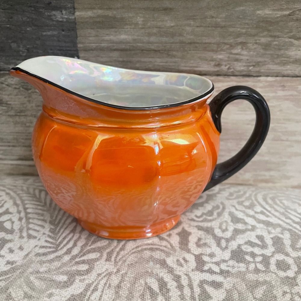 Vintage Czechoslovakia Iridescent Orange Creamer Pitcher Black Trim‎ Decor